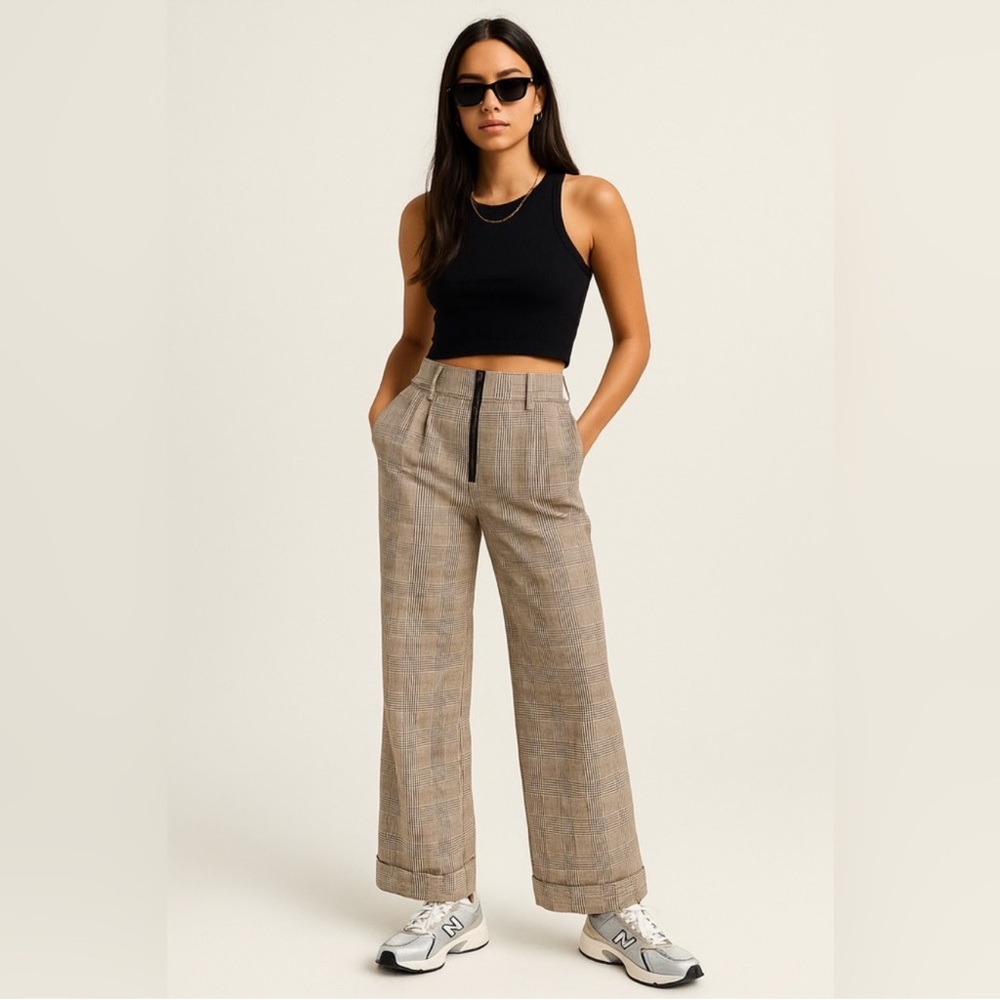 High Rise Wide Leg Plaid Trousers Tan Black